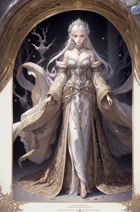 Prompt: (masterpiece), best quality, expressive girl, perfect detailed face, perfect detailed hands, laying in repose, wearing a creative concept design costume, a strange yet beautiful outfit covered in opals, decorated with black embroidery, hoarfrost, a...