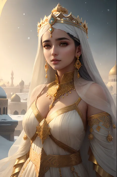 Soft and dreamy 8mm lens portrait of an Arabic dev brama of a universe adorned with a natural crown of gold and leaves and masses, ethereal dress. Soft snow sky. Using 8K High Definition. Art styles Greg Rutkowski , Android Jones , Tamsyn. Intricate dynami...