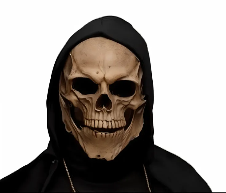 Skull mask with hood and chain, hooded skull, full skull shaped face cover, skull mask, face with skull mask, skull face, skull head, face do esqueleto, death skull, lembrou-me do Ceifador Sombrio, Morte, O Ceifador como um Assustador, Ceifador Punk Grim, ...