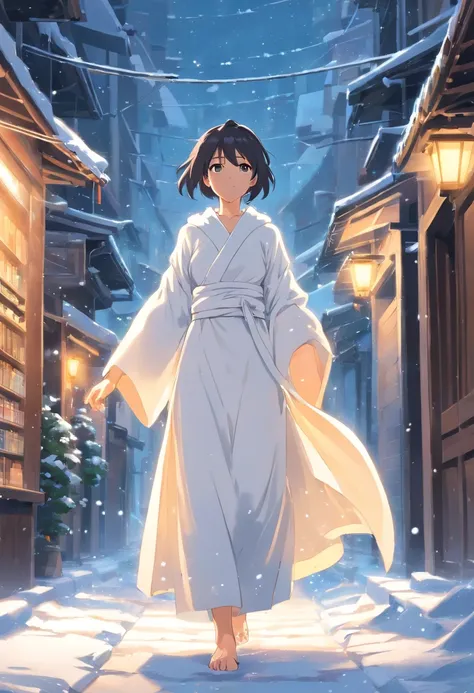 Neige abondante，A scholar dressed in white walks the streets of the ancient city