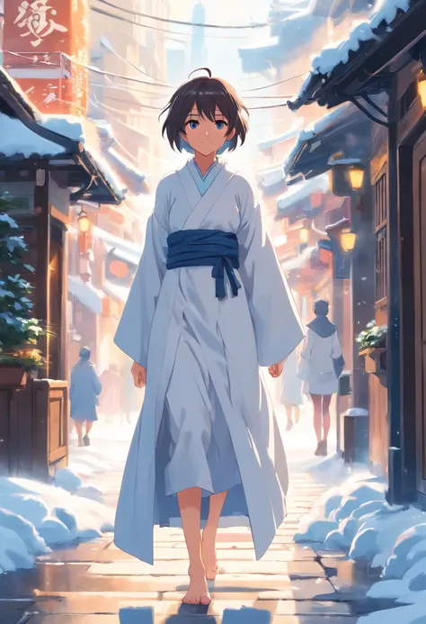 Neige abondante，A scholar dressed in white walks the streets of the ancient city