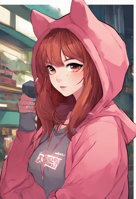 1girl, black necklace, brown hair, brown hair, necklace, closed mouth, dyed hair near the eyes, pink hair near the eyes, Hair between the eyes, hood, hoodie, Long hair, long sleeves, multi-colored hair, exteriors, pink hair , pony tail, red eyes, Shirt, 独奏...