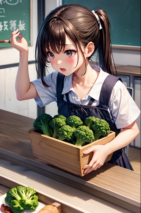 hi-school girl、、summer clothing、、be shy、Very cute、pony tail hairstyle、Brown hair、gals、‎Classroom、Cooking Practice、I want to blush、Turning Pripan、Chest wide open、Hold out broccoli