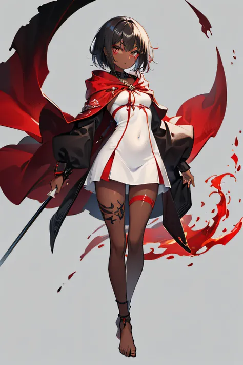 masterpiece, best quality, female, 1 girl, Detailed face, short black straight hair, color eyes red, color skin tan dark skin, short body, small breasts, (accessories black tattoos spread all over his body), large clothes red hooded cloak with Detailed in ...