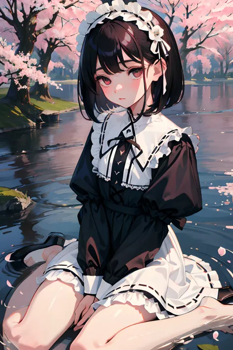 wariza，hand between legs，child，（​masterpiece，Highest Quality），shortsleeves，White Gothic Lolita，Sleepy face，Round eyes，A dark-haired，Medium bob，small stream，cherry trees