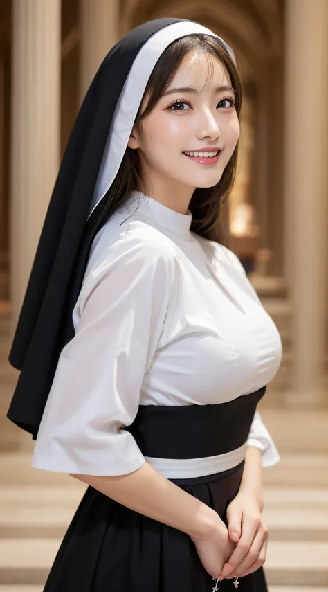 (masutepiece), Best Quality, Photorealsitic, finely detail, hight resolution, 8K Wallpapers, Perfect dynamic composition, Beautiful detailed eyes, Medium Hair, large full breasts, (Nun with cross and rosary in hand in cathedral), (Veiled nun), (Breast bulg...