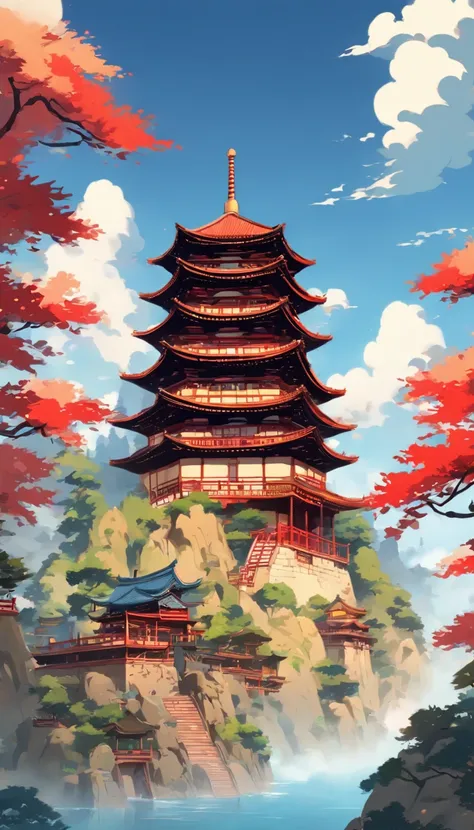 background depicting a temple， oriental wallpaper， Chinese landscape， Japanese Landscape， Chinese style， japanese art art， Japanese style painting， Ancient Chinese architecture， Chinese architecture，Pure blue sky，Beautiful tree，Red-blue tones，Figurative ch...