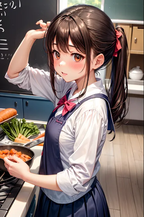 hi-school girl、、summer clothing、、be shy、Very cute、pony tail hairstyle、Brown hair、gals、‎Classroom、Cooking Practice、I want to blush、Turning Pripan、Uniforms come off、Hold out carrots、get angry