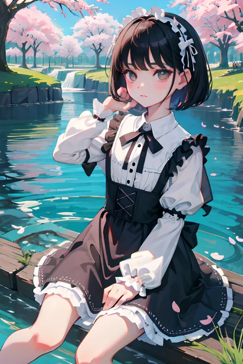 wariza，hand between legs，child，（​masterpiece，Highest Quality），shortsleeves，White Gothic Lolita，Sleepy face，Round eyes，A dark-haired，Medium bob，small stream，cherry trees