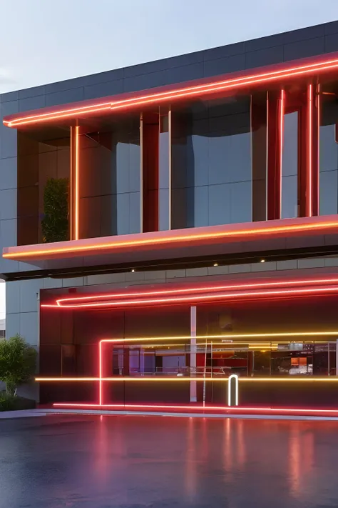 front facade of a nightclub, hidden door, UHD, ultra rendered, high detail, neon, perfectly rendered, fun, hyped up, hidden bar, full detail, glass, wall, with sticker and sign, colorfull, view from far away