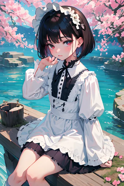 wariza，hand between legs，child，（​masterpiece，Highest Quality），shortsleeves，White Gothic Lolita，Sleepy face，Round eyes，A dark-haired，Medium bob，small stream，cherry trees