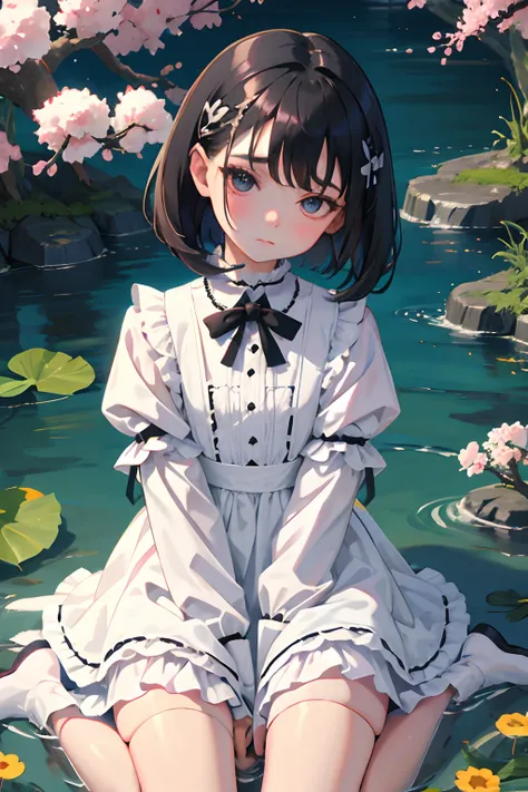 wariza，hand between legs，child，（​masterpiece，Highest Quality），shortsleeves，White Gothic Lolita，Sleepy face，A dark-haired，Medium bob，small stream，cherry trees