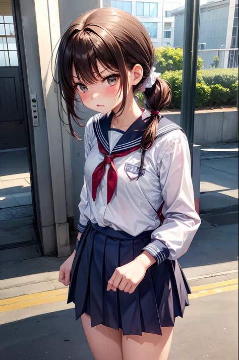 hi-school girl、、summer clothing、、angry looking face、Very cute、pony tail hairstyle、Brown hair、gals、school ground、、I want to blush、Turning Pripan、Uniform takes off、Takushi、get angry、Staring at this