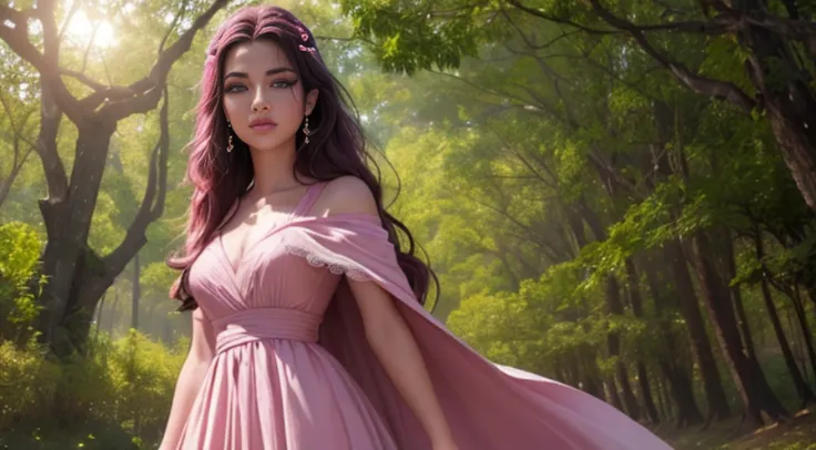 a woman in a light pink dress standing in a cherry forest, artgerm, paisagem realista, artgerm detalhado, olhos perfeitos, rosto...