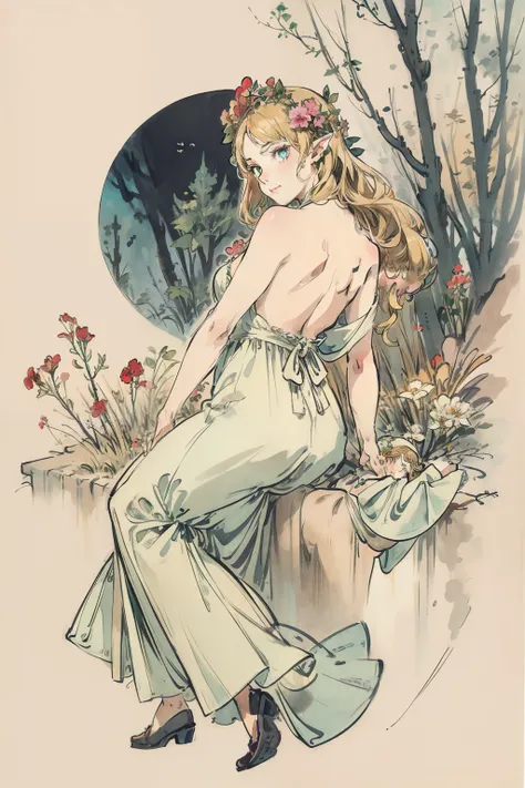 SFW,masutepiece, Best Quality, High resolution, 1girl in, Full body, Details Girl, detail hands, Detail fingers, Detail Face, detail legs, 1girl in, elf, Looking down, Flower Garden, Black sky, smog, watercolor paiting, pale skin, Petite, Blonde hair, Long...