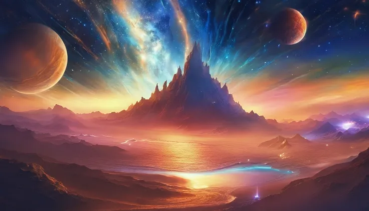 huge planet, the night, starrysky, surrealism, masutepiece, hight resolution、Impressive Milky Way:1.9、sand beach、Vast blue ocean、Blue glacier、lightning bolt:1.9、Protoplanets