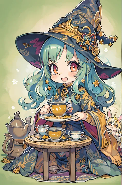 masutepiece, Best Quality, Chibi, Wizard Tea Party, the witch, beautiful witch, Happy, Vibrant, Colorful