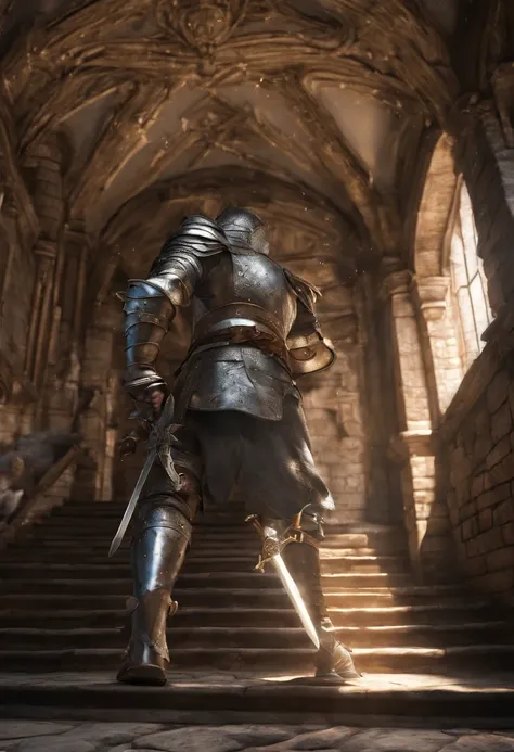 knights sword fighting in infinite stairwell of castle