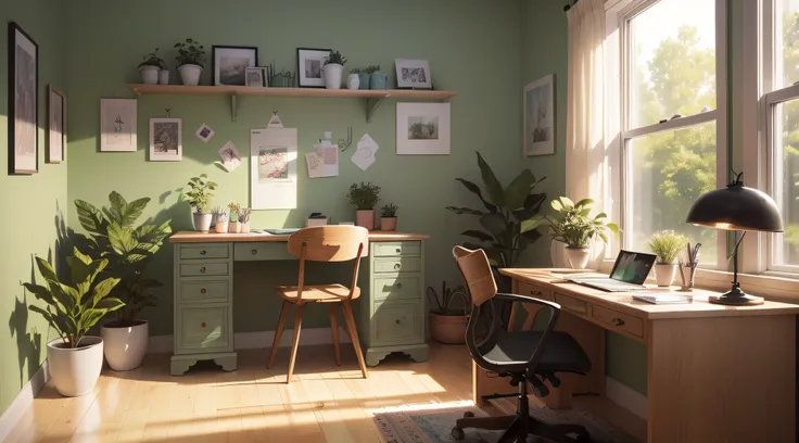 (best quality,4k,8k,highres,masterpiece:1.2),ultra-detailed,(realistic,photorealistic,photo-realistic:1.37), a beautiful desk setup surrounded by small plants,pastel colors,illustration,soft lighting,detailed wooden desk,delicate pencil sketches,laptop wit...