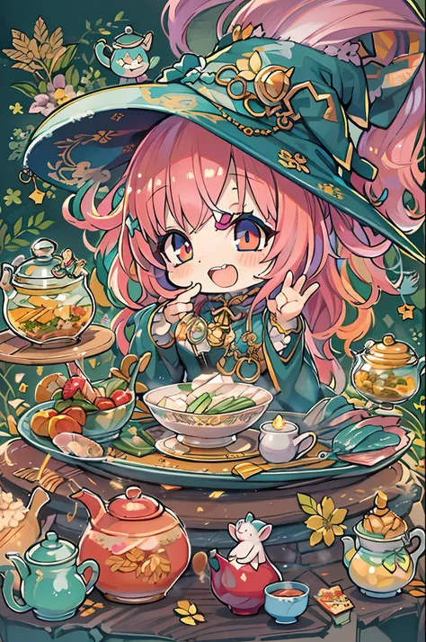 masutepiece, Best Quality, Chibi, Wizard Tea Party, the witch, beautiful witch, Happy, Vibrant, Colorful