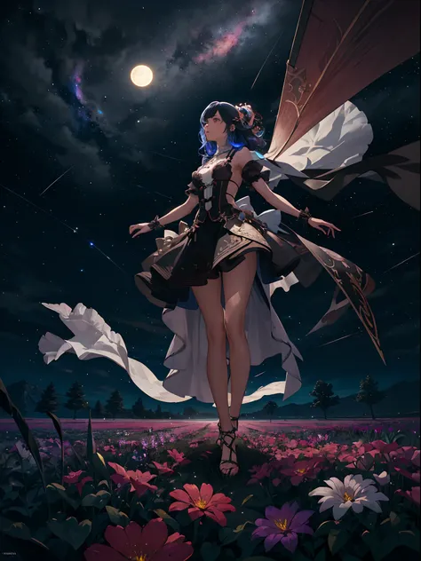 expansive landscape photograph , (a view from below that shows sky above and open field below), a girl standing on flower field looking up, (full moon:1.2), ( shooting stars:0.9), (nebula:1.3), distant mountain, tree BREAK
production art, (warm light sourc...