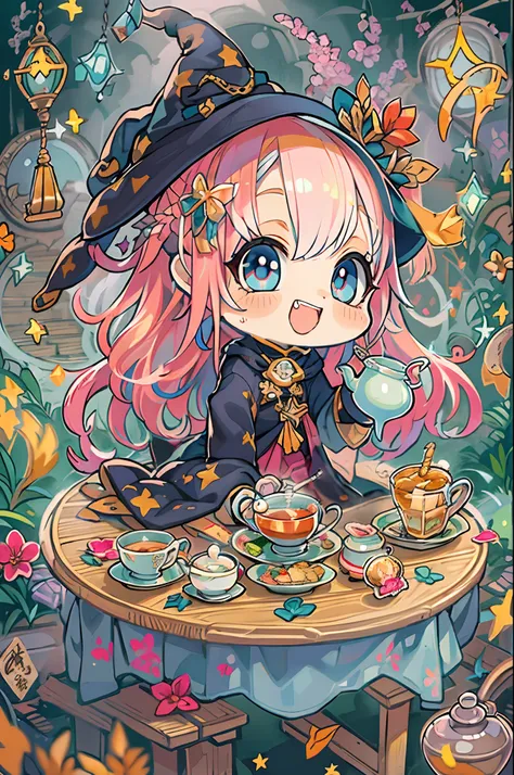 masutepiece, Best Quality, Chibi, Wizard Tea Party, the witch, beautiful witch, Happy, Vibrant, Colorful