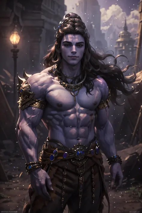 (highly detailed:1.3),male focus,purple skin,muscular,powerful pose,necklace,((detailed face and eyes:1.3)),Ultra-detail,(highres:1.1),best quality,(masterpiece:1.3),cinematic lighting