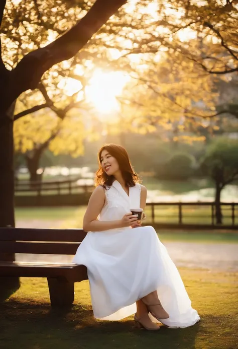 japanes　femele　college aged　White dress　the morning sun　a park　Have a cup of coffee