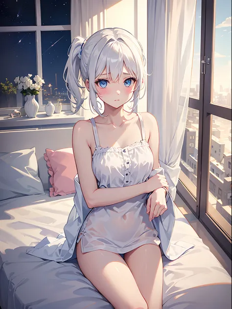 1girl in, Medium White Hair, Beautiful sky blue eyes, Pony tail, roomwear, in room,   Cute, blush, medium breasts⁩, at night, Underwear is visible