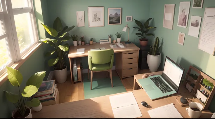 (best quality,4k,8k,highres,masterpiece:1.2),ultra-detailed,(realistic,photorealistic,photo-realistic:1.37), a beautiful desk setup surrounded by small plants,pastel colors,illustration,soft lighting,detailed wooden desk,delicate pencil sketches,laptop wit...