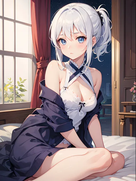 1girl in, Medium White Hair, Beautiful sky blue eyes, Pony tail, Roomwear, in room,   Cute, blush, medium breasts⁩, At night, Underwear is visible