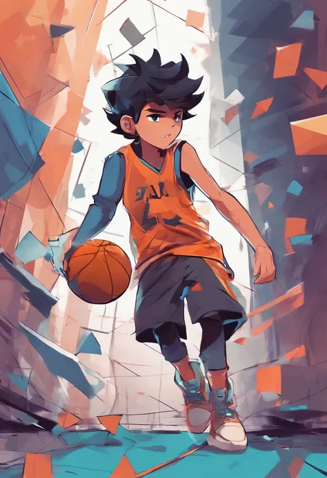 (Boy playing basketball  ),(Best Pose),(best angle), (Better representation), Eduardo Cobra Acor Chorchoament ,Multidimensional geometric wall portrait, Artistically, Chibi,yang08k, Beautiful fece, colouring,