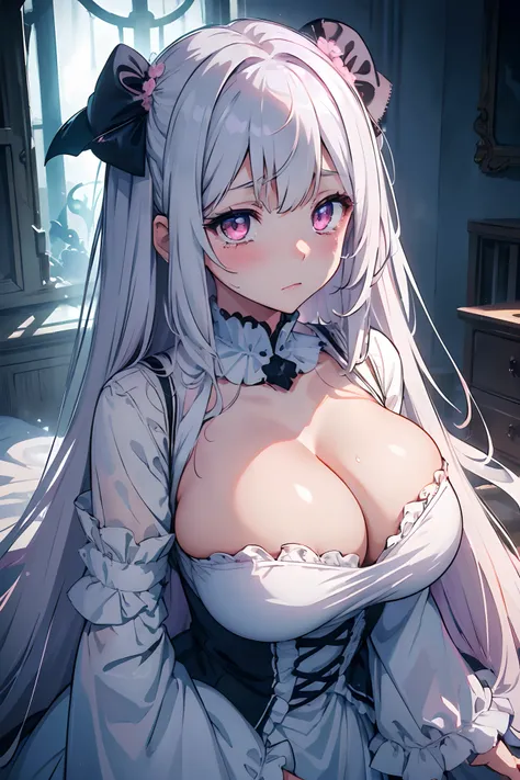 (masterpiece, high quality, detailed), 1girl, ghost girl, big fluffy long white hair, disheveled hair, pink eyes, nervous, blushing, crying, simple white gown, huge breasts, skindentation, cleavage, provocative, abandoned house, haunted house, night time, ...