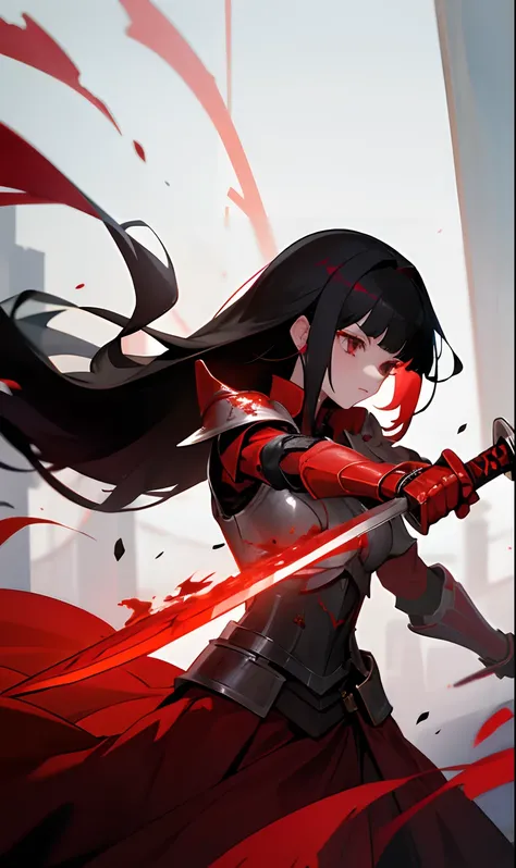 Girl wearing a blood red armor while holding a long red blood sword and her black hair is mixed with red