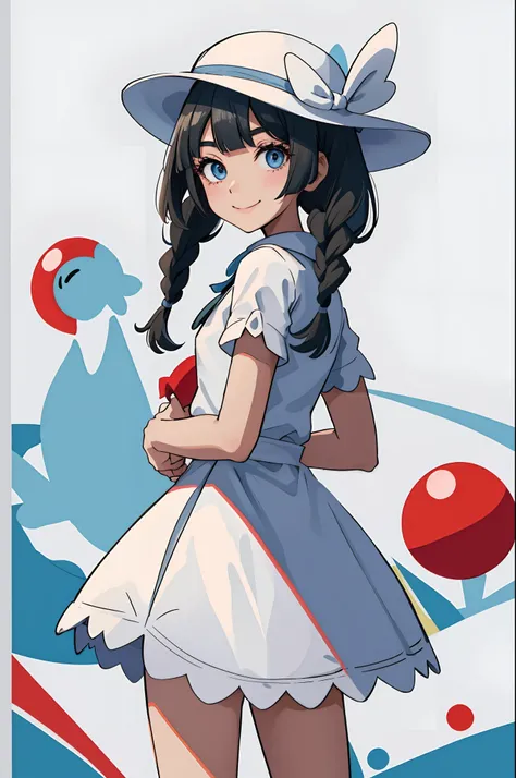 1girl, character_pokemon_lillie, 独奏, is standing, cowboy  shot, looking at the viewers, verd s eyes, a smile, V Arm, Hands together, twin braids, Hats, doress