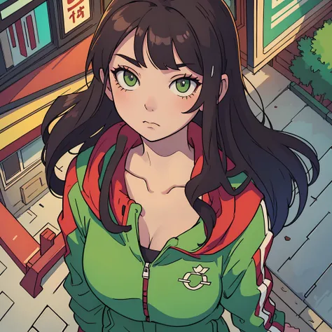 perfect anime illustration, extreme close-up portrait of a beautiful girl, walking through the city, with dark hair, green eyes, in a red tracksuit