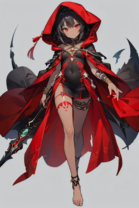 masterpiece, best quality, female, 1 girl, Detailed face, short black straight hair, color eyes red, color skin tan dark skin, short body, small breasts, (accessories black tattoos spread all over his body), large clothes red hooded cloak with Detailed in ...