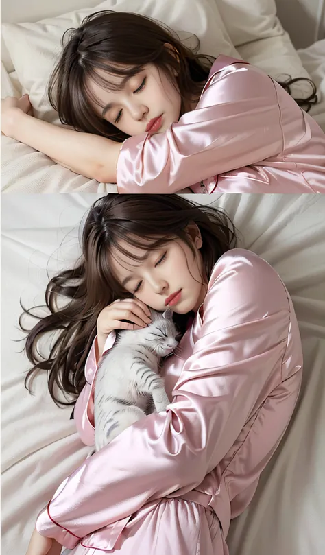 Sleeping Girl, Realistic, High quality, Thin shiny silk shorts, (Large size shiny thin thin satin pink pajamas:1.4), (Upper body:1.4), (Kitten sleeping on big:1.4), Soft light, hipbone, Natural and authentic, a silk pillow, Silk sheets,