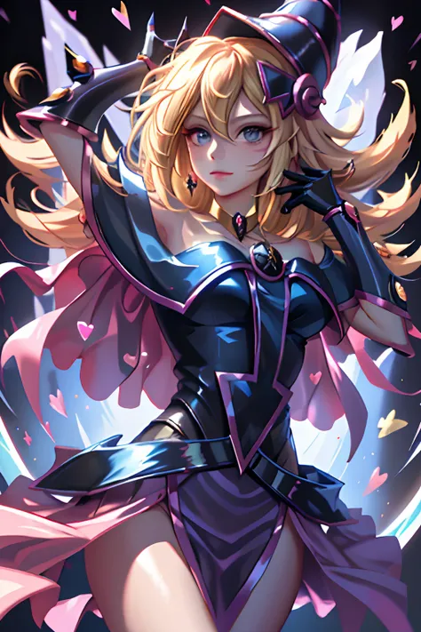 (tmasterpiece, Better quality; 1.3), extremaly detailed cg, ultra - detailed, 1 girl Black magician girl, Solo, ssmile, looking at viewert, Elegant Unger, cabellos largos dorados, eBlue eyes,
SV1, Dark magician girl uniform,  gloves on the elbow, head gear...