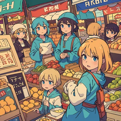 perfect anime illustration, Small market, Filled with people, Russia