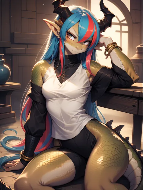 (dragan), woman, antrum, 1girl, Alone, delicate body, slender body, far, small body, bracelets, multicolored hair, long hair, horns, dragon horns, anime style, high quality, best quality, flaking skin, in a realistic style room, scales, dark scales, leg wi...