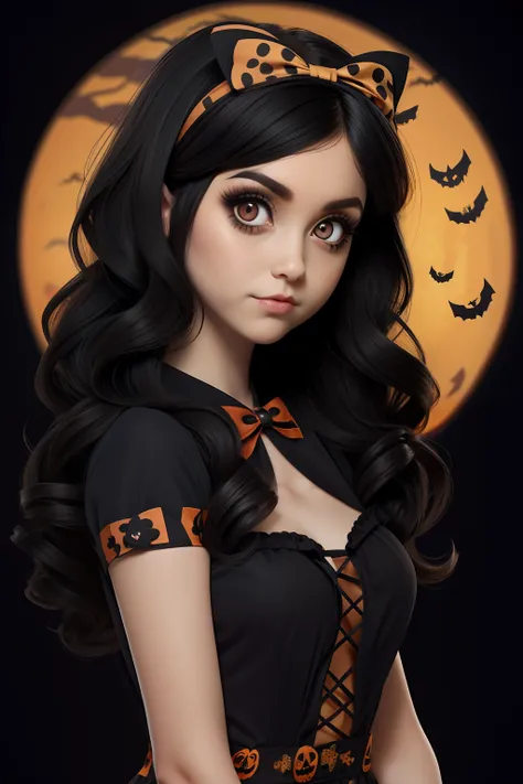 Girl in slow lorises Halloween costume, with slow lorises headband, black long hair Emo Pin up Girl, halloween dress, Striking a pose, natural make up, skinny girl, innocent, night in a grave