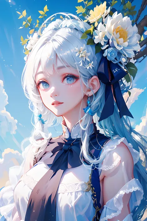 one-girl，a white flower is inserted on the head，blue-white color hair，white  clothes，blue-sky