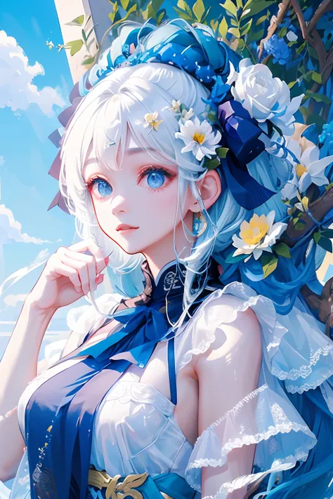 one-girl，a white flower is inserted on the head，blue-white color hair，white  clothes，blue-sky