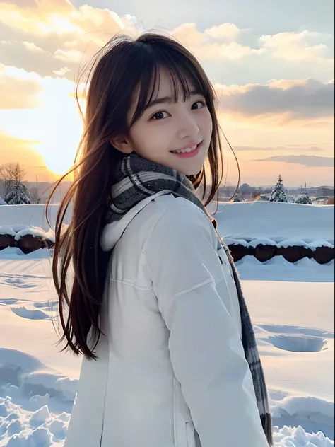 (Close up portrait of slender girl with long hair with dull bangs in winter uniform with white winter coat and gray scarf :1.5)、(The girl looks back with a happiness face:1.5)、(Girls hair fluttering in the wind:1.5)、(Big sunset red sky covered with beautif...