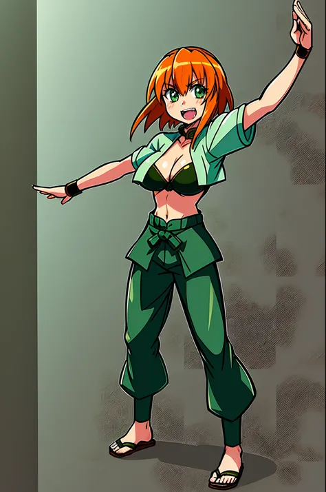 excel, orange hair, smile, fang, open mouth, green eyes,standing, medium breast, , pullover, , full body, flipflops, big breast,kimono, kungfu, martial art, tunic,, chinese pants, full body, corsept