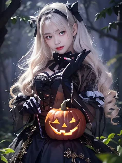 8K, Raw photo, Photorealistic, (Detailed skin, Best Quality:1.2), ((Sweet Lolita Dresses, puff sleeves, Black Gloves)), (white wavy hair:1.3, short bangs), Teenage Japan girl in dark forest at night, Standing, (Baby face:1.1, Neat face, Fairer skin), (Fogg...