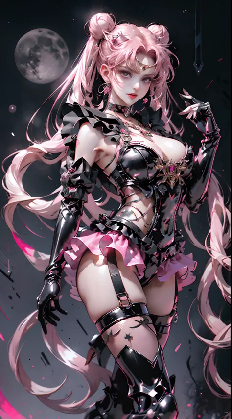 red eyes make up very sharp and detailed,: 1.5,red eye shadow,Gothic punk costumes:1.3,((A pink-haired:1.5,Incredibly long pink twin tails, Thin and very long super straight pink twin tails)),  Black tiara,dark queen,a black choker,Black thick gothic punk ...