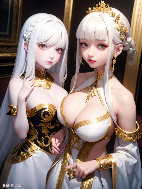 top-quality、​masterpiece、white  hair、Gold Eye、white  clothes、look up to、Hair strands、light skinned、Side braid、 2 girls, Beautiful breasts, up of face,Beautiful ,upturned breasts,