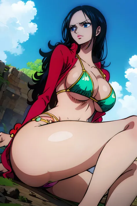 Nico Robin from One Piece wearing a tight green bikini and she’s look happy,  high quality eyes, blue eyes, Shiny eyes, Shiny white skin, puffy red lips, high quality lips, showing the ass, big ass, big boobs, best quality.